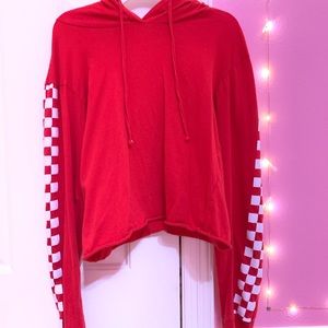 Red Long Sleeve Crop Top| Checkerboard sleeves| Gently Worn